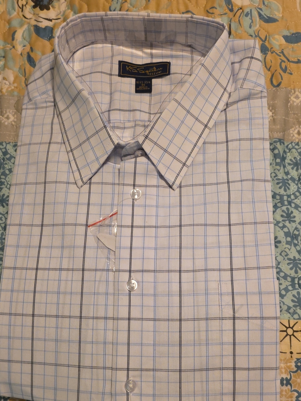 KSS Collection Men’s White Windowpane Dress Shirt with Blue and Black Checks